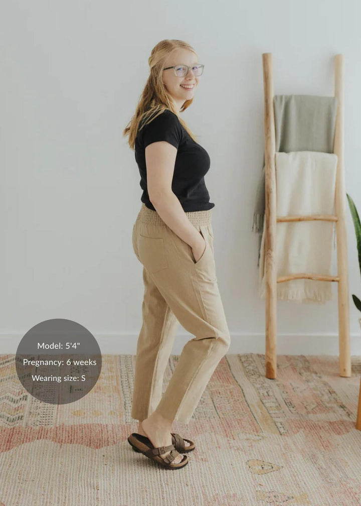 Adult Plus Size Transitional Maternity Smocked Linen Pant - Camel