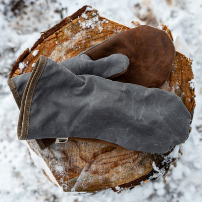 Waxed Cotton Tough Mitts - Charcoal/dark Leather