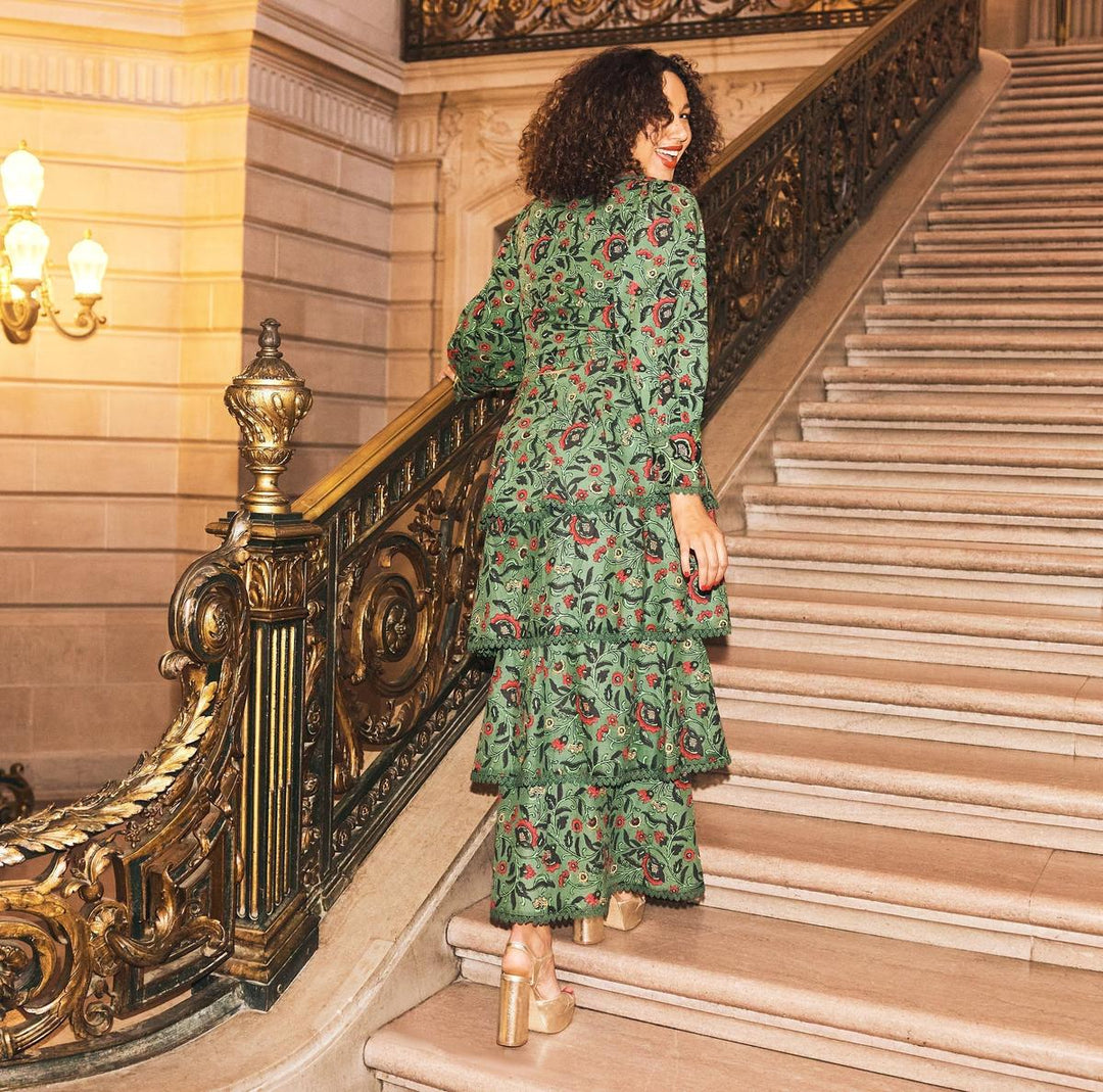 Victoria Embroidered Top - Forest/Copper & Crimson Floral print