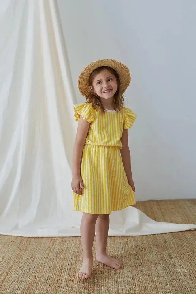 Toweling stripe ruffle dress - Yellow