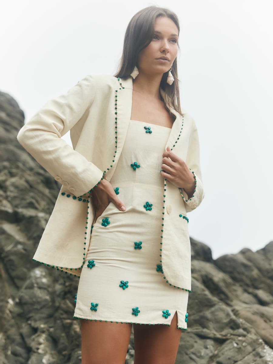 Amber Blazer - Ivory & Turquoise