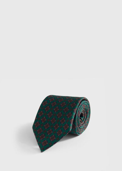 Silk Medallion Print Tie - Green