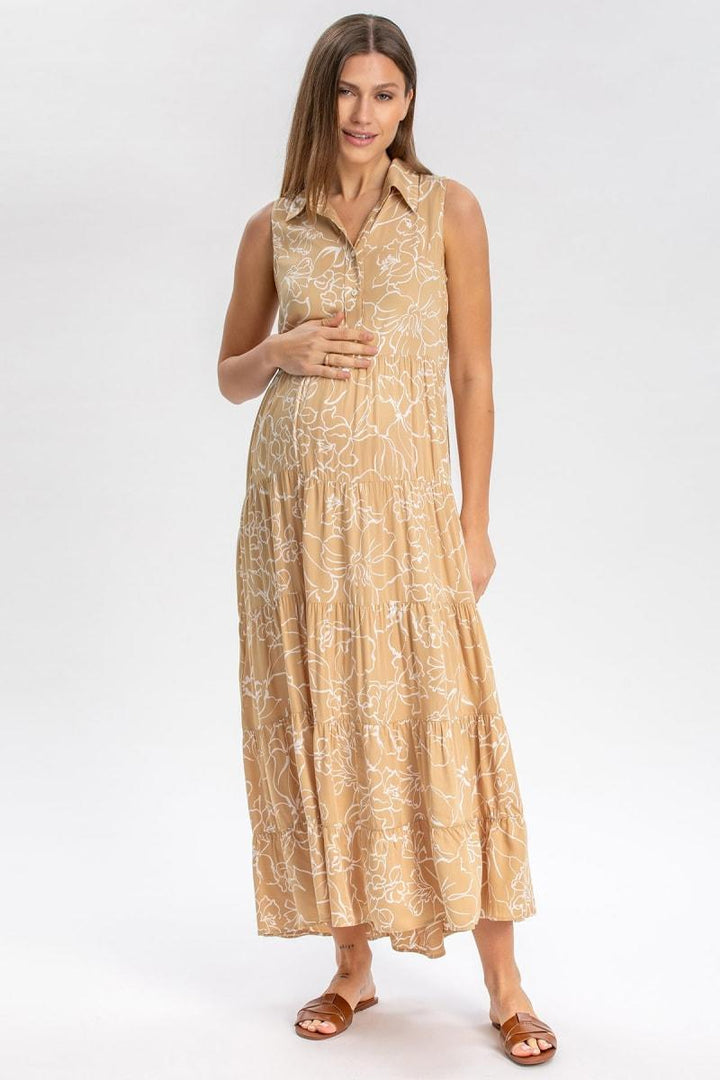 CLARA QD51 Sleeveless Printed Maxi Maternity Dress - Sand Fine Lines