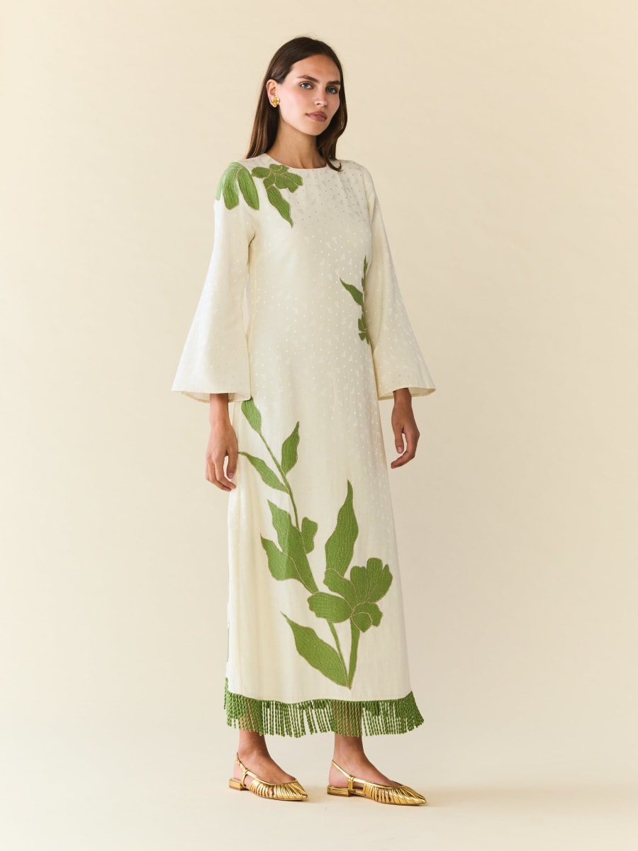 Ariana Dress - Ivory With Green Applique