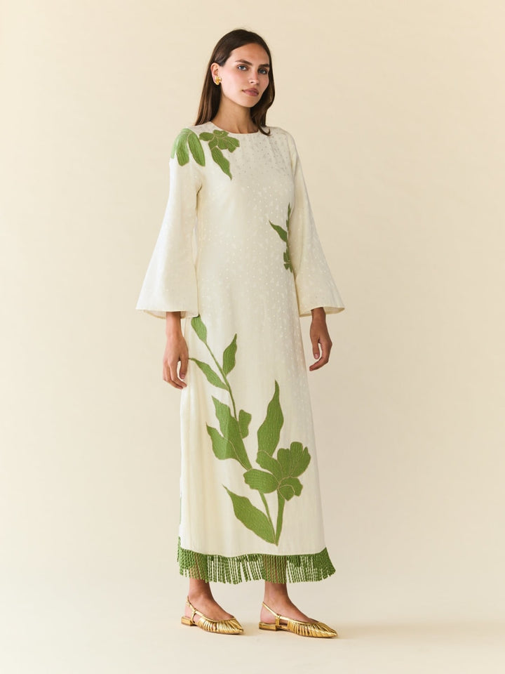 Ariana Dress - Ivory With Green Applique