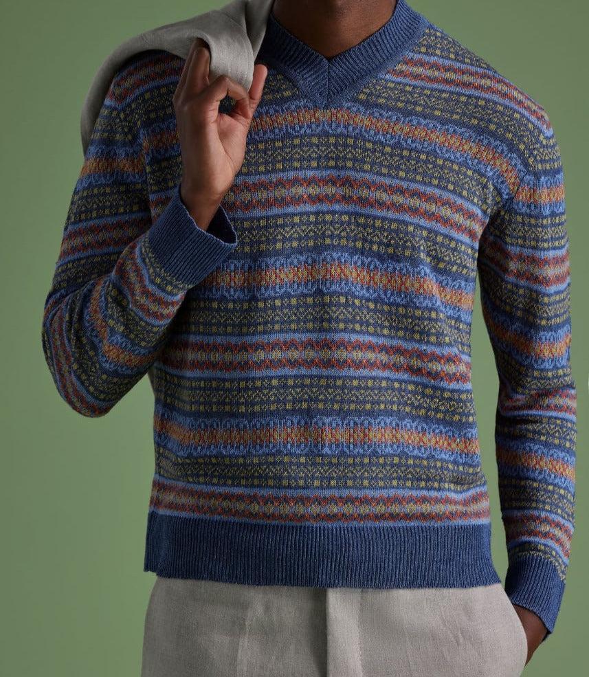 Linen Fair Isle V-neck Sweater - Blue