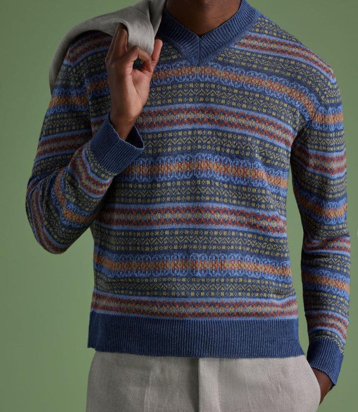 Linen Fair Isle V-neck Sweater - Blue