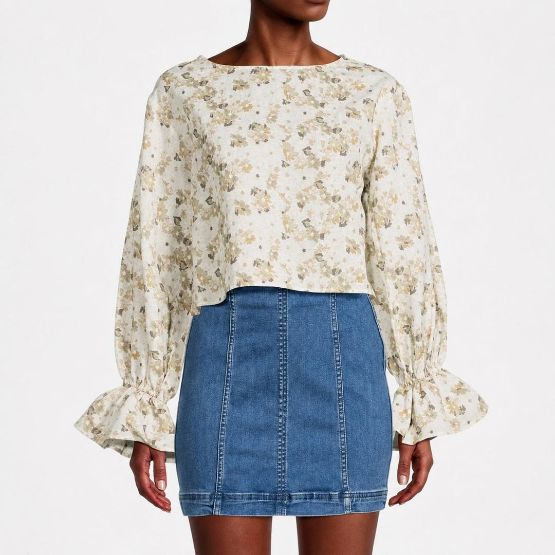 Cropped Floral Blouse With Cinched Sleeves - Tan Combo