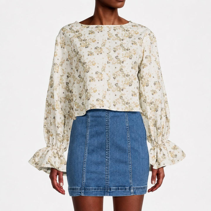 Cropped Floral Blouse With Cinched Sleeves - Tan Combo