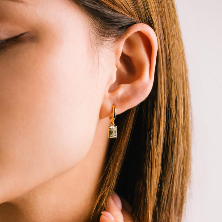 Rectangle Fluted Huggie Drop Hoop Earrings - 10.5mm - Earrings