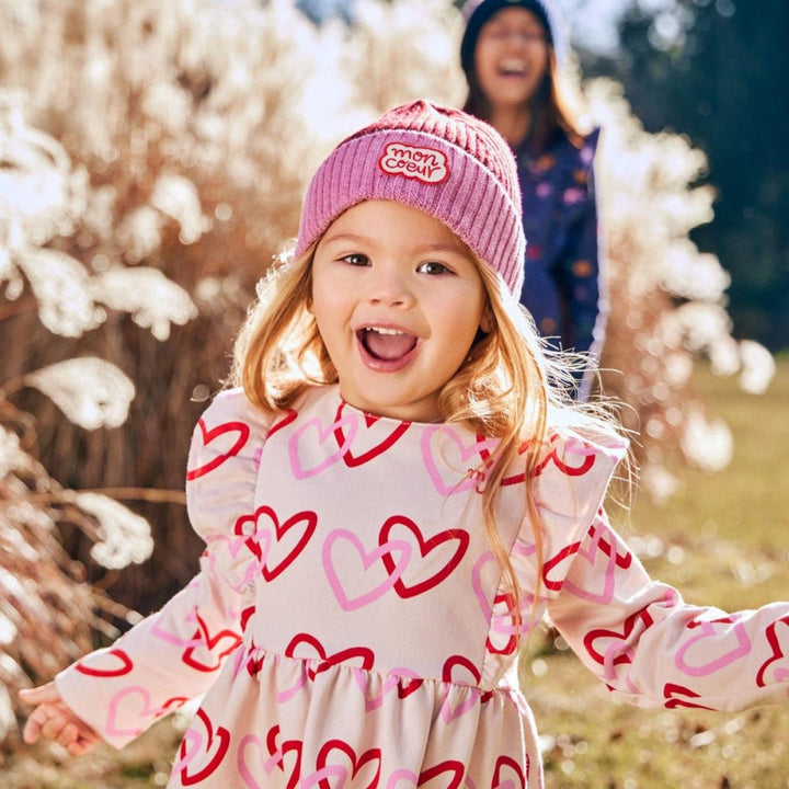 Recycled Cotton Hearts Baby Ruffle Dress - Festival Pink Hearts - Dresses