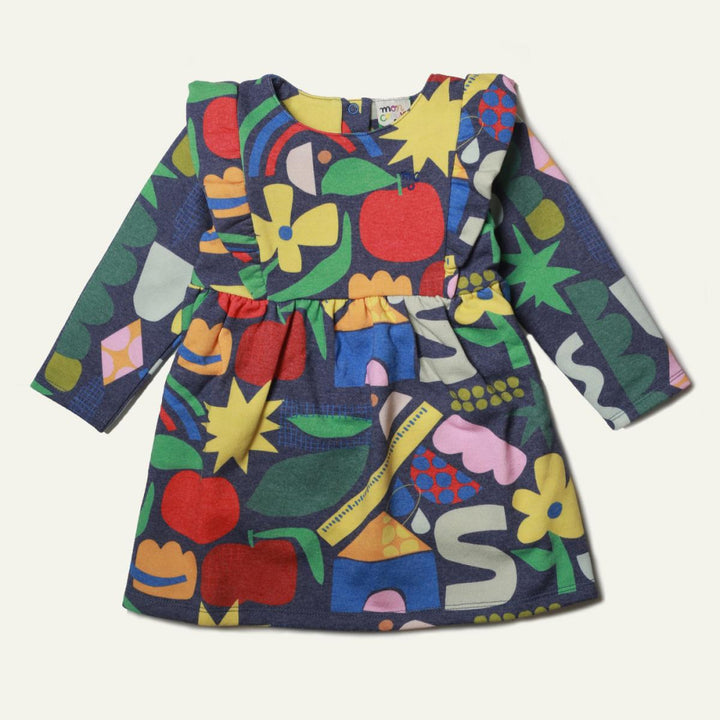 Recycled Cotton Pattern Baby Ruffle Dress - Blue Ribbon Multi - Dresses