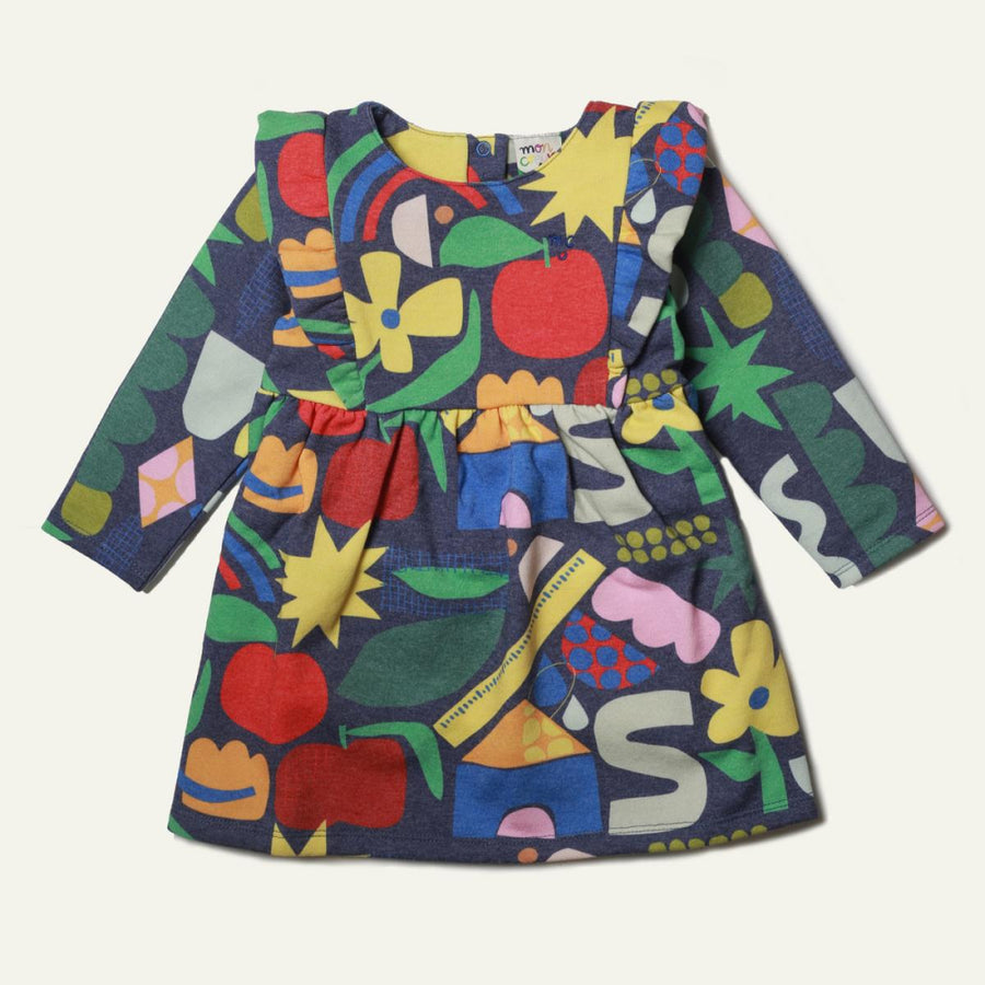 Recycled Cotton Pattern Baby Ruffle Dress - Blue Ribbon Multi - Dresses