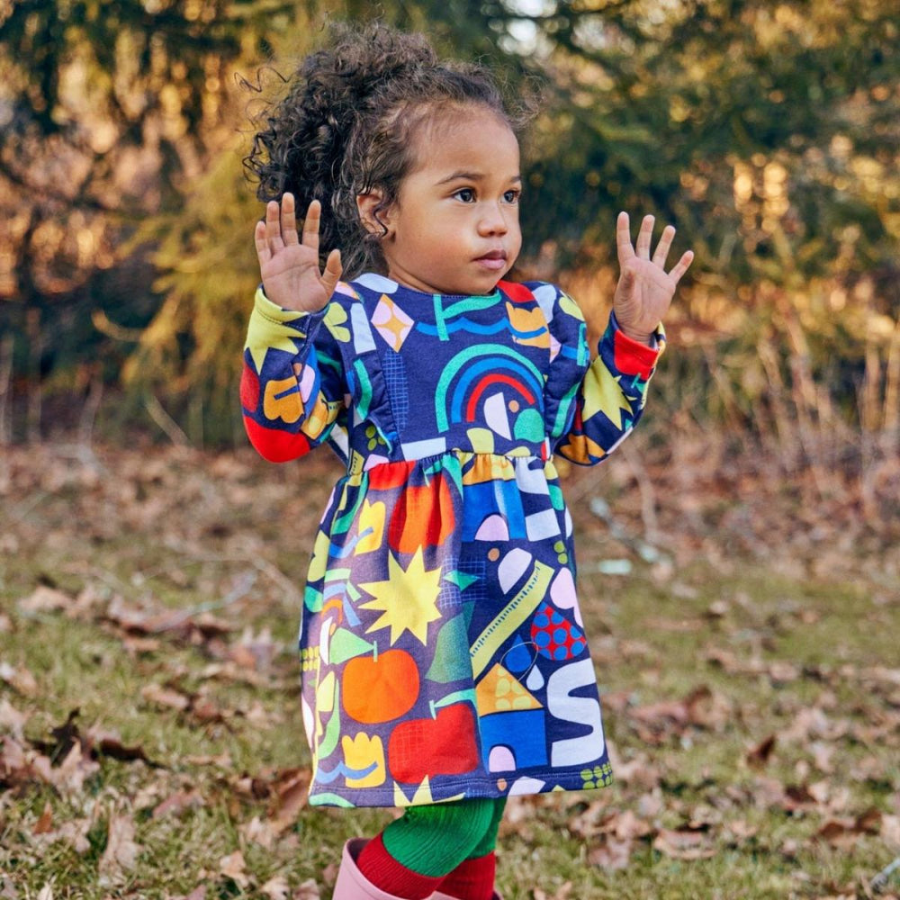 Recycled Cotton Pattern Baby Ruffle Dress - Blue Ribbon Multi - Dresses
