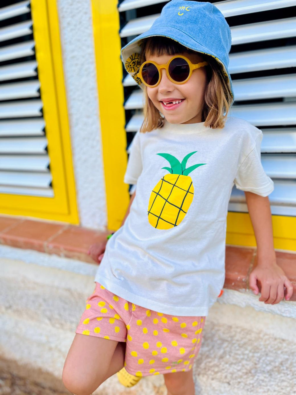 Recycled Cotton Pink Dotted Cropped Girl Shorts - Misty Rose/cyber Yellow - FINAL SALE - Shorts