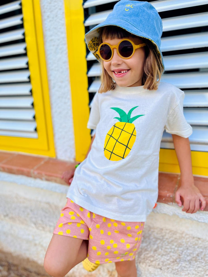 Recycled Cotton Pink Dotted Cropped Girl Shorts - Misty Rose/cyber Yellow - FINAL SALE - Shorts