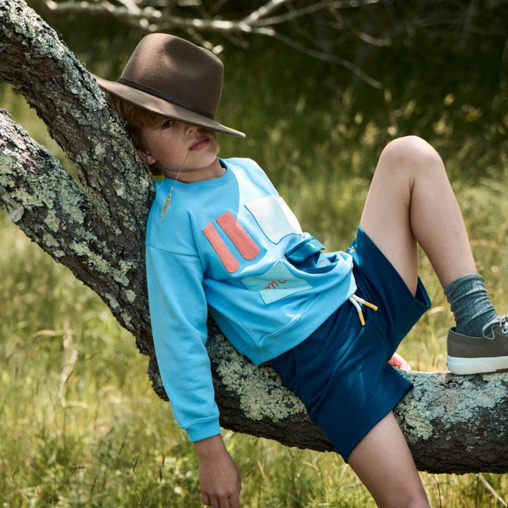Recycled Cotton Pockets Kid Sweatshirt - Della Blue/multi - Crewneck Sweatshirt