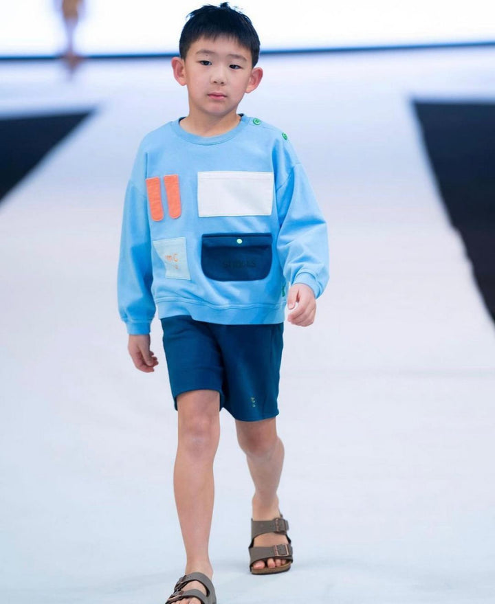 Recycled Cotton Pockets Kid Sweatshirt - Della Blue/multi - Crewneck Sweatshirt