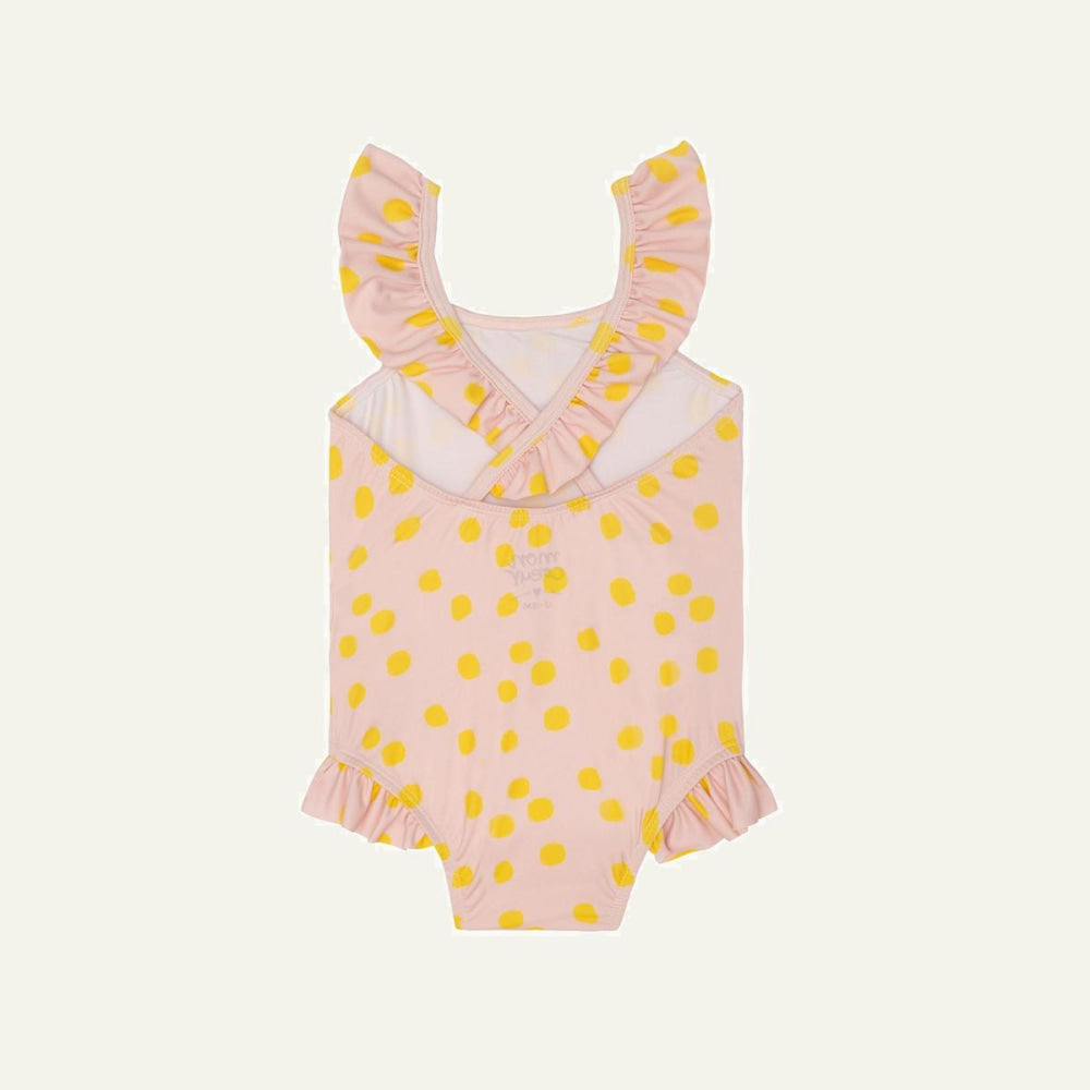 Recycled Polyester Pink Dotted Ruffle Baby Swimsuit - Misty Rose/cyber Yellow - One Piece Swim