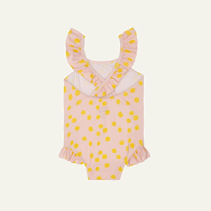 Recycled Polyester Pink Dotted Ruffle Baby Swimsuit - Misty Rose/cyber Yellow - One Piece Swim