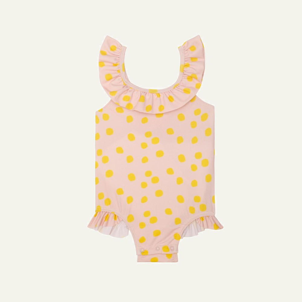 Recycled Polyester Pink Dotted Ruffle Baby Swimsuit - Misty Rose/cyber Yellow - One Piece Swim
