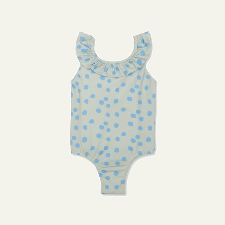 Recycled Polyester Sea Foam Dotted Ruffle Kid Swimsuit - Sea Foam/della Blue - One Piece Swim