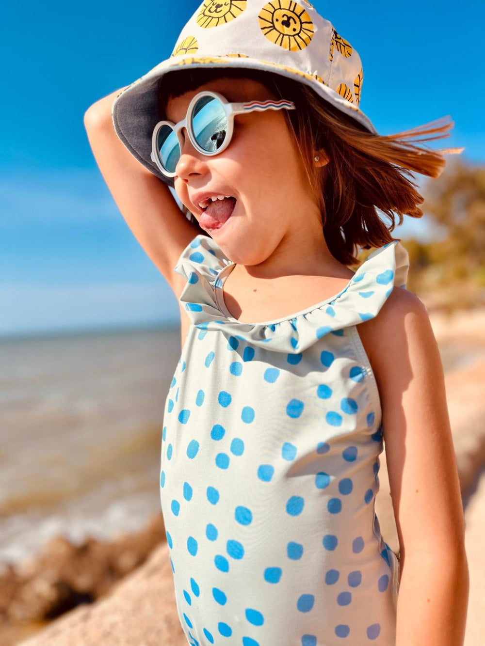 Recycled Polyester Sea Foam Dotted Ruffle Kid Swimsuit - Sea Foam/della Blue - One Piece Swim