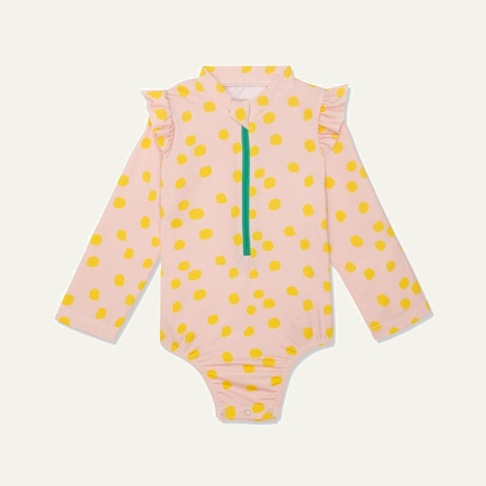 Recycled Polyester Sepia Dotted Zipped Kid Rashguard - Sepia/cyber Yellow - One Piece Swim