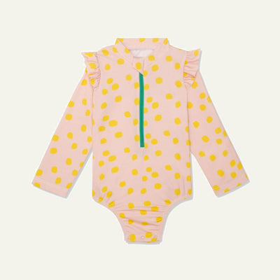 Recycled Polyester Sepia Dotted Zipped Kid Rashguard - Sepia/cyber Yellow - One Piece Swim