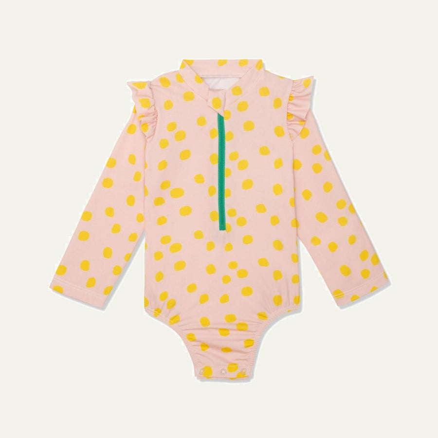 Recycled Polyester Sepia Dotted Zipped Kid Rashguard - Sepia/cyber Yellow - One Piece Swim