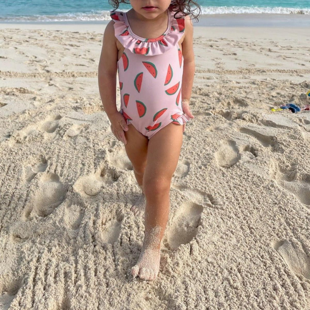 Recycled Polyester Watermelon Slices Ruffle Baby Swimsuit - Sepia Rose/multi - One Piece Swim