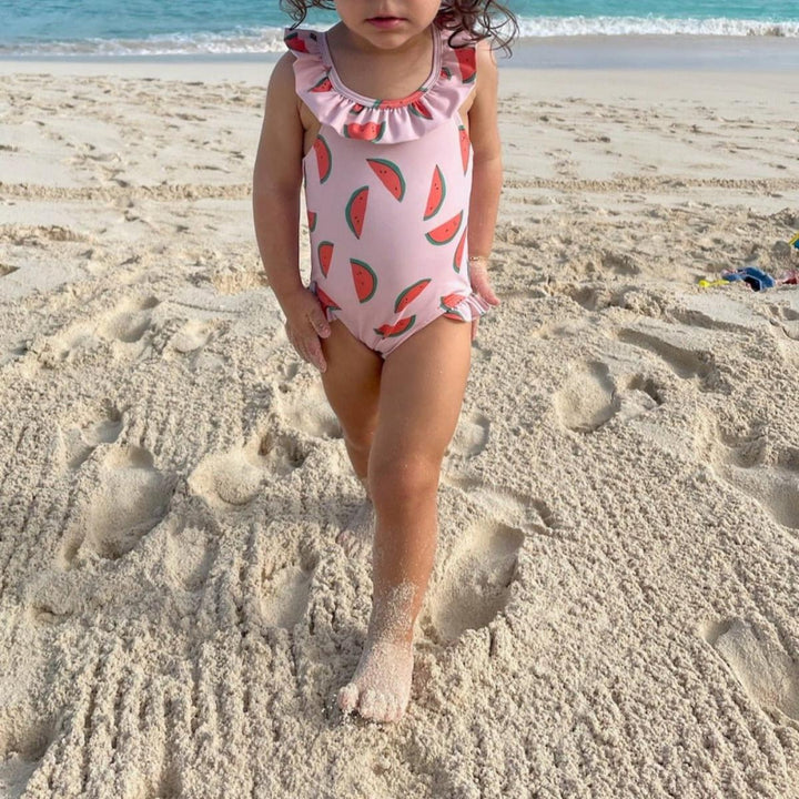Recycled Polyester Watermelon Slices Ruffle Baby Swimsuit - Sepia Rose/multi - One Piece Swim