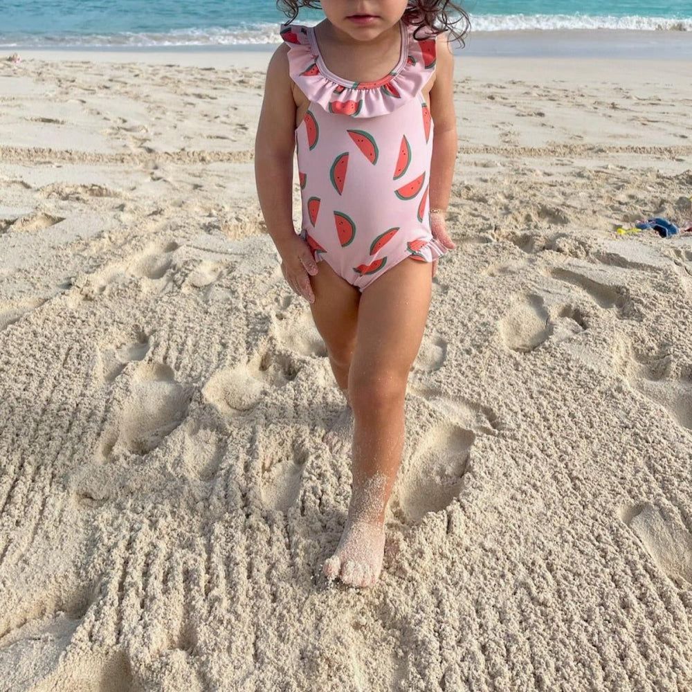 Recycled Polyester Watermelon Slices Ruffle Kid Swimsuit - Sepia Rose/multi - One Piece Swim