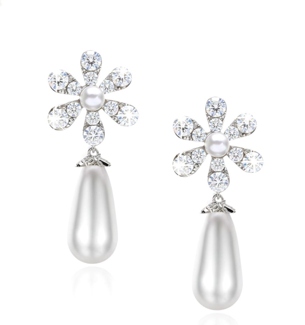 Silver Daisy & Pearl Drop earrings