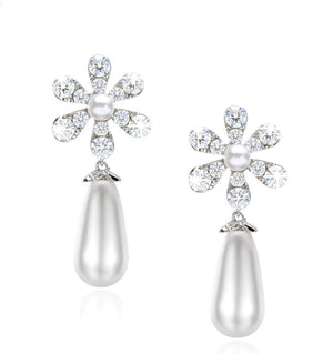 Silver Daisy & Pearl Drop earrings