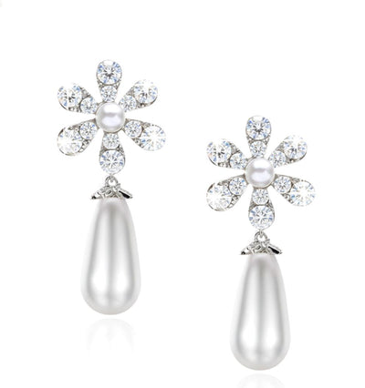 Silver Daisy & Pearl Drop earrings