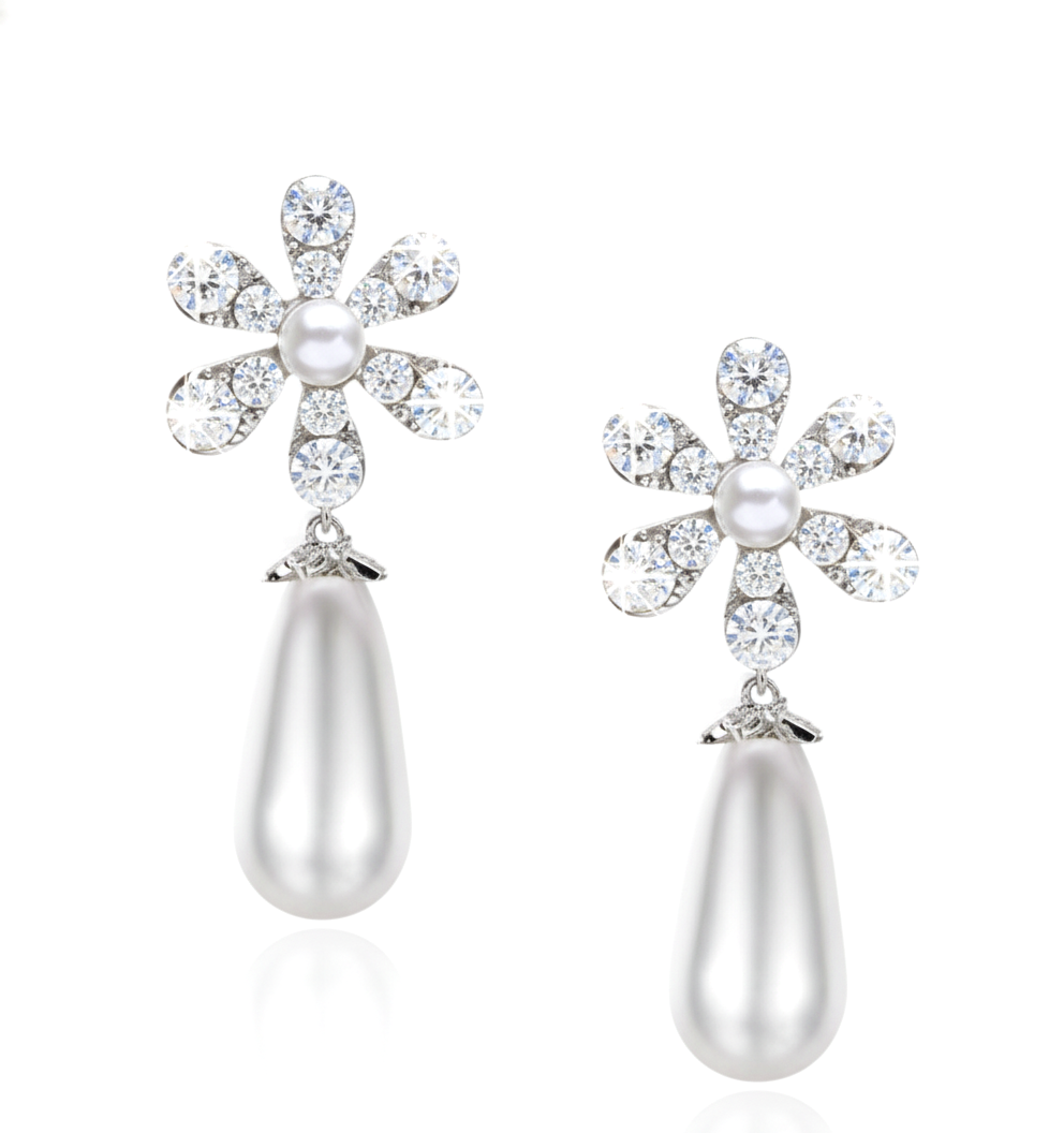 Silver Daisy & Pearl Drop earrings