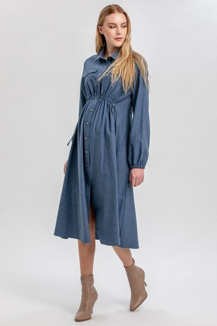 ERICA Midi Long-Sleeve Maternity Shirt Dress - Avion Blue
