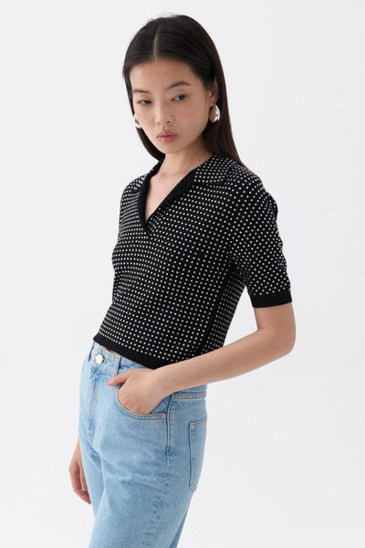 Rhinestone Embroidered Knitwear Top - Black-Silver - Shirt