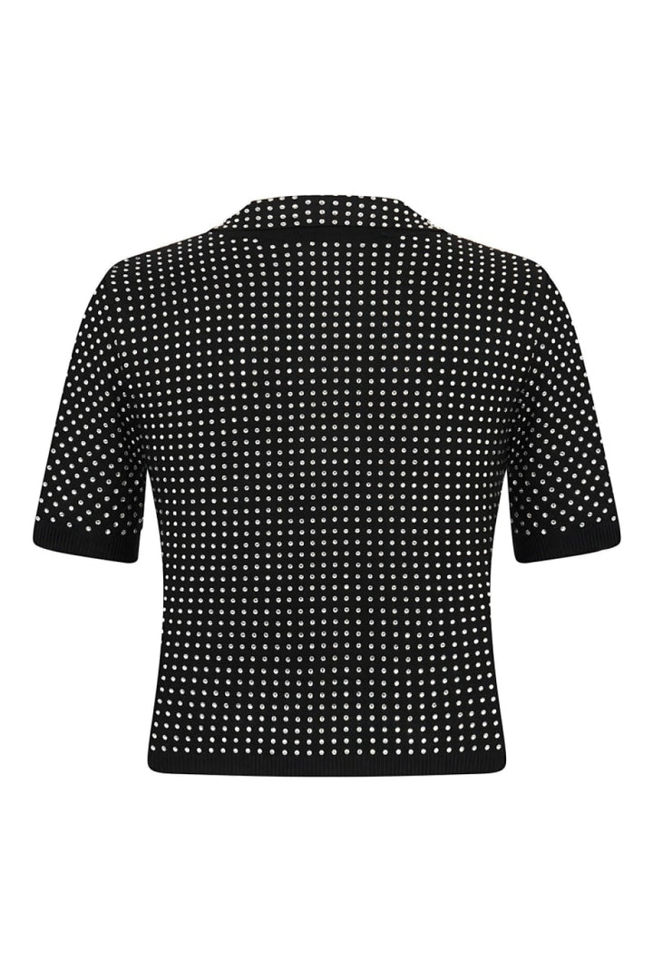 Rhinestone Embroidered Knitwear Top - Black-Silver - Shirt