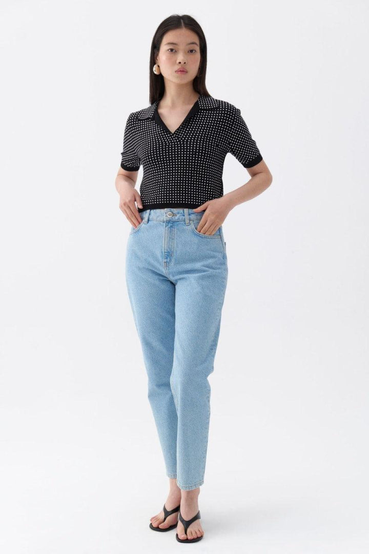 Rhinestone Embroidered Knitwear Top - Black-Silver - Shirt