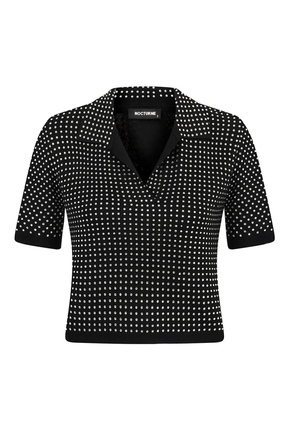 Rhinestone Embroidered Knitwear Top - Black-Silver - Shirt