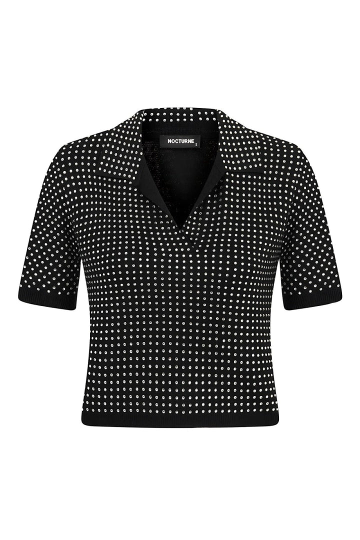 Rhinestone Embroidered Knitwear Top - Black-Silver - Shirt