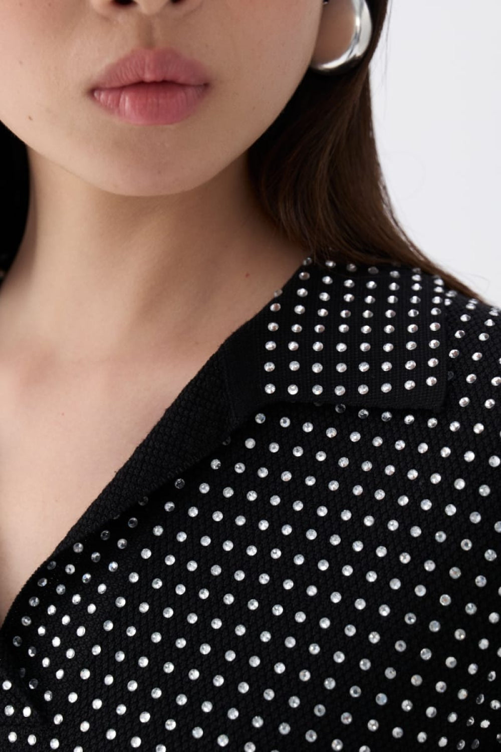 Rhinestone Embroidered Knitwear Top - Black-Silver - Shirt