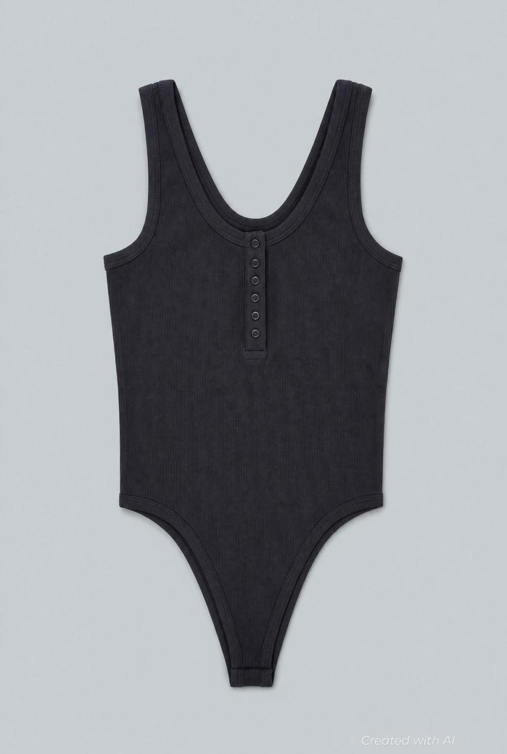Ribbed Henley Tank Bodysuit - Black - Bodysuit