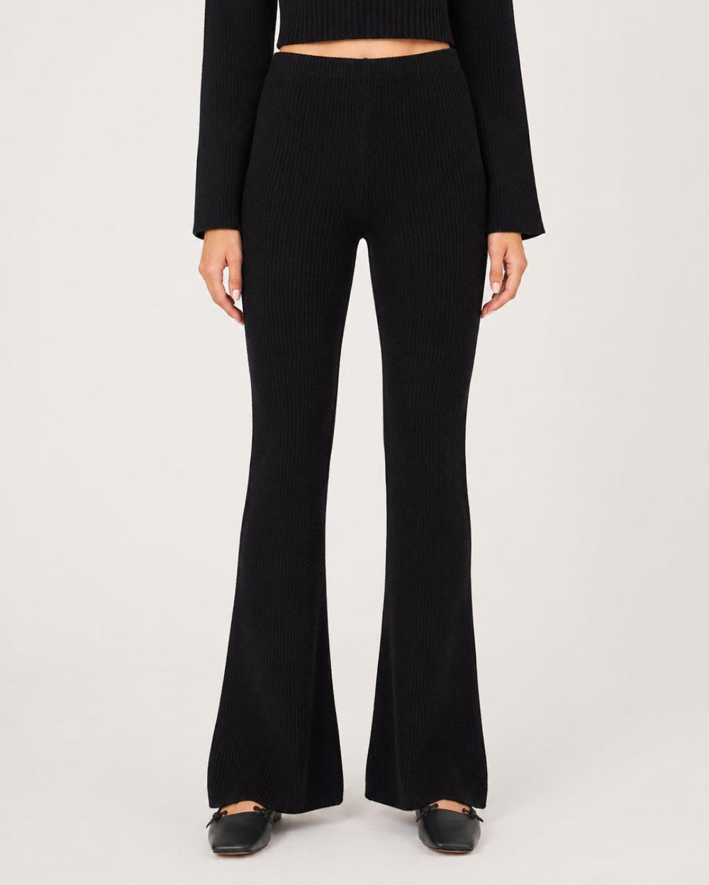 Ribbed Textured Flare Pants With Slits - Black - Pants