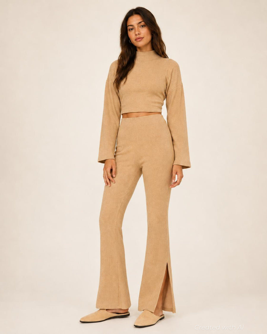 Ribbed Textured Flare Pants With Slits - Camel - Pants