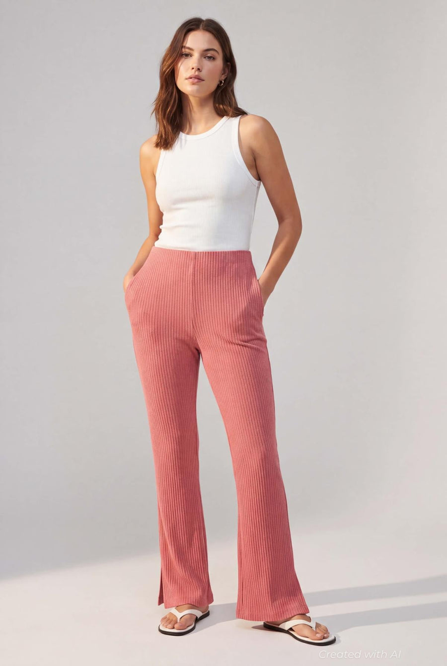 Ribbed Textured Flare Pants With Slits - Rose - Pants