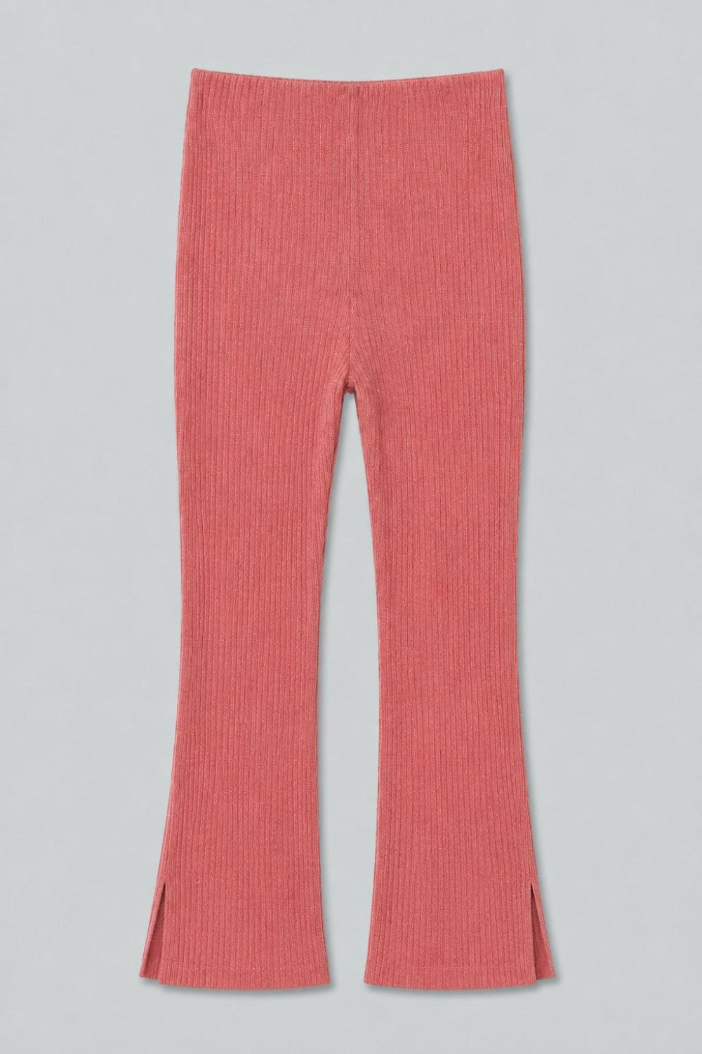 Ribbed Textured Flare Pants With Slits - Rose - Pants