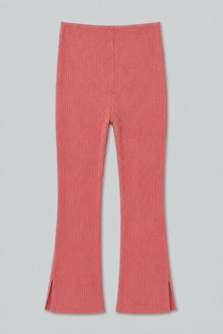 Ribbed Textured Flare Pants With Slits - Rose - Pants